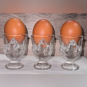 Set of 3 Vintage France Glass Chicken Design Egg Cups-NEW *Eggs not included lol
